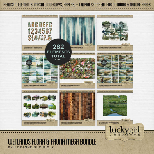 Add these beautiful and realistic embellishments, watercolor papers, masked photo overlays, stamps, and alpha set by Lucky Girl Creative digital art to all your digital scrapbooking pages. Great for camping, outdoors, nature, fishing, and adventures in the wetlands, lake, swamp, marsh, and estuary. Embellishments include alligator, black bear, duck, duckling, goose, egret, heron, crane, kingfisher, pelican, stork, swan, woodpecker, crab, crayfish, crawfish, deer, stag, eel, fish, catfish, and more.