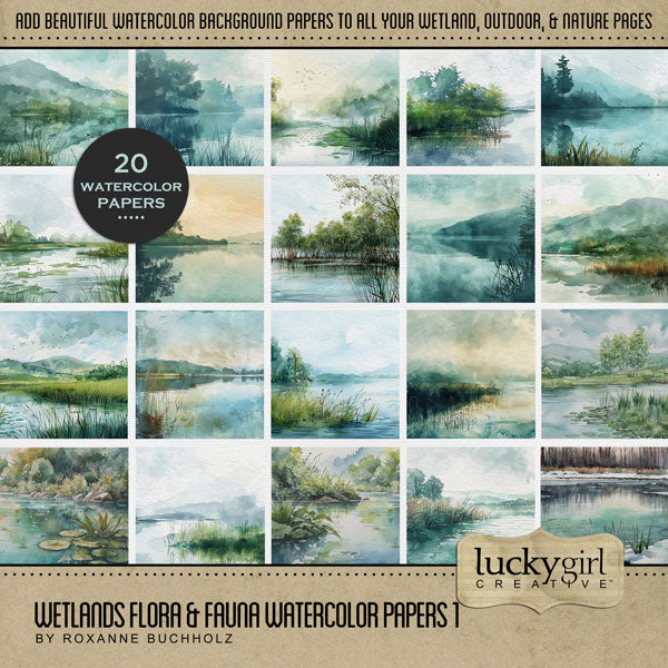 Add these beautiful watercolor landscape background papers by Lucky Girl Creative digital art to all your digital scrapbooking pages. Great for camping, outdoors, nature, fishing, and adventures in the wetlands, lake, swamp, marsh, and estuary. This kit is included in the Wetlands Flora & Fauna Mega Bundle.