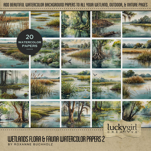 Add these beautiful watercolor landscape background papers by Lucky Girl Creative digital art to all your digital scrapbooking pages. Great for camping, outdoors, nature, and adventures in the wetlands, swamp, marsh, and estuary. This kit is included in the Wetlands Flora & Fauna Mega Bundle.
