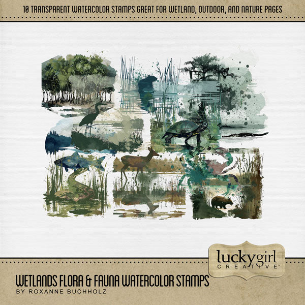 Add these beautiful watercolor overlay stamps with transparent backgrounds to all your digital scrapbooking pages. Great for camping, outdoors, nature, fishing, and adventures in the wetlands, lake, swamp, marsh, and estuary. Stamps include fish, deer, turtle, muskrat, beaver, crab, crane, egret, crocodile, and alligator. This kit is included in the Wetlands Flora & Fauna Mega Bundle.