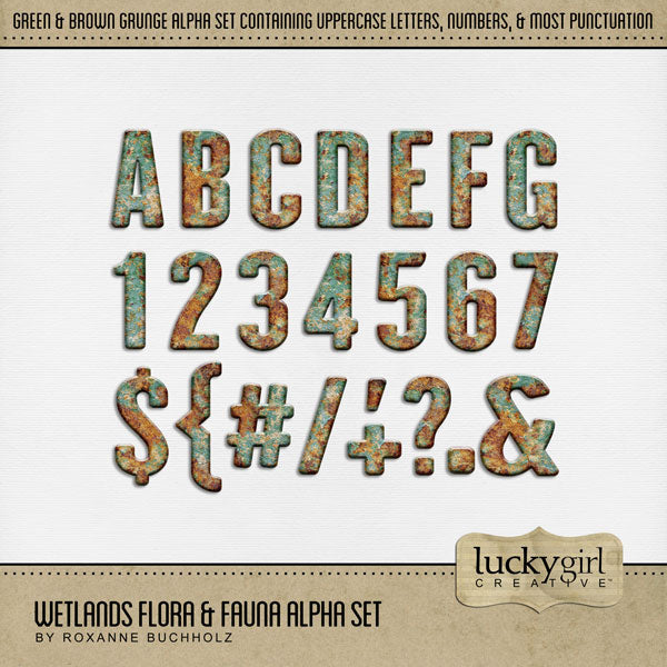 Add these rust and patina metal digital scrapbooking alphabet letters, numbers, and punctuation by Lucky Girl Creative digital art to all your scrapbook page titles. Great for camping, outdoors, nature, fishing, and adventures in the wetlands, lake, swamp, marsh, and estuary. The Wetlands Flora & Fauna Alpha Set consists of a full set of digital art uppercase letters A-Z, numbers 0-9, and most punctuation marks. This alpha set is available as individual embellishments only.
