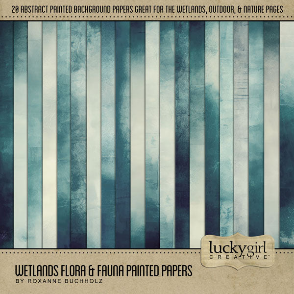Add these beautiful abstract painted background papers by Lucky Girl Creative digital art to all your digital scrapbooking pages and mix-and-match them on various projects throughout the year! In tones of blue, these digital papers are great for camping, outdoors, nature, and more! This kit is included in the Wetlands Flora & Fauna Mega Bundle.