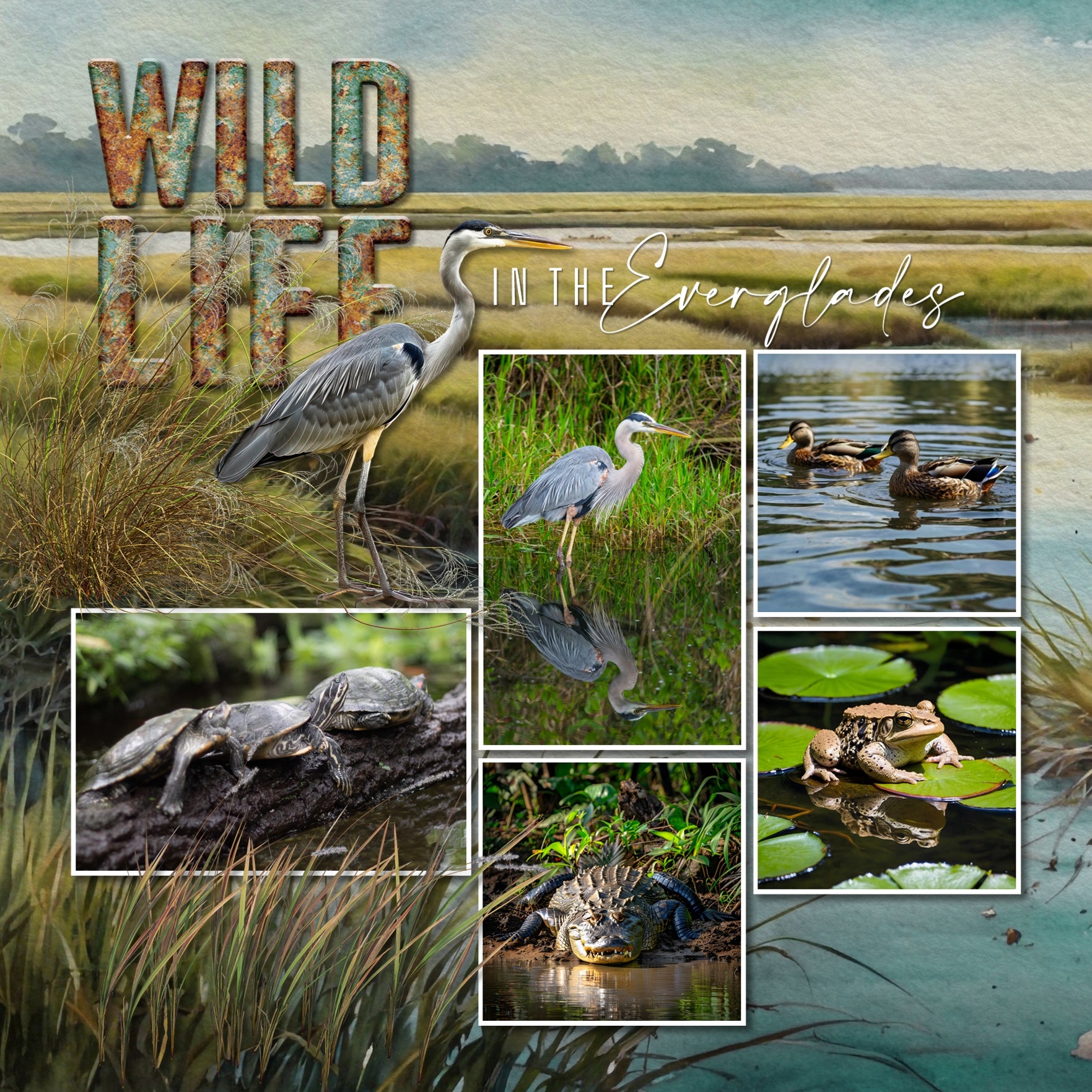 Add these beautiful and realistic embellishments, watercolor papers, masked photo overlays, stamps, and alpha set by Lucky Girl Creative digital art to all your digital scrapbooking pages. Great for camping, outdoors, nature, fishing, and adventures in the wetlands, lake, swamp, marsh, and estuary. Embellishments include alligator, black bear, duck, duckling, goose, egret, heron, crane, kingfisher, pelican, stork, swan, woodpecker, crab, crayfish, crawfish, deer, stag, eel, fish, catfish, and more.