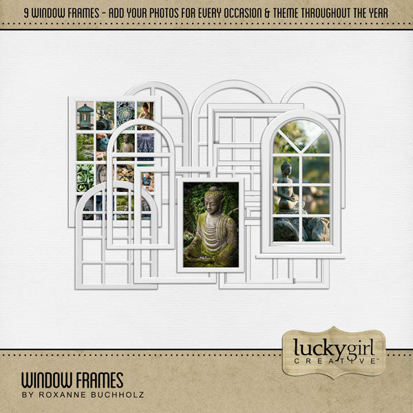 Add these beautiful window frames by Lucky Girl Creative digital art to all your digital scrapbooking pages, no matter the theme or occasion. Great for scenic landscapes, weddings, everyday life, and more! Simply add your photos behind the window panes and you have a one-of-a-kind piece of art. This kit is NOT included in any bundle.