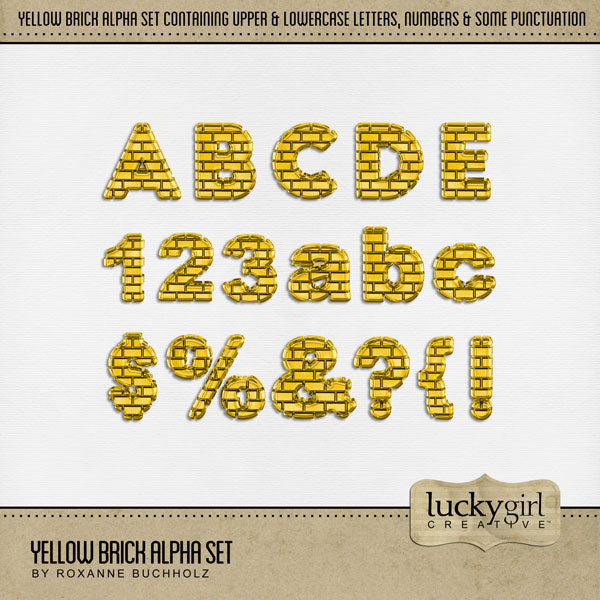 Showcase your family memories with this versatile yellow brick digital alpha set by Lucky Girl Creative. Perfect for Halloween, farm, construction work, home and garden, or city adventures. The entire collection is inspired by the Wizard of Oz with an Over the Rainbow theme. The Yellow Brick Alpha Set consists of a full set of digital art uppercase letters, lowercase letters, numbers 0-9, and most punctuation marks. This alpha set is available as individual embellishments only.