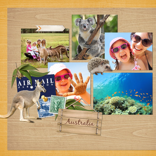 The Australian Adventure Digital Scrapbook Kit is a diverse collection digital art of Australian embellishments, artifacts, and beautiful background papers. If you have been meaning to document your memories from a trip to Australia or are planning a trip there soon, this collection is just what you need! 