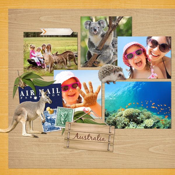 The Australian Adventure Digital Scrapbook Kit is a diverse collection digital art of Australian embellishments, artifacts, and beautiful background papers. If you have been meaning to document your memories from a trip to Australia or are planning a trip there soon, this collection is just what you need!