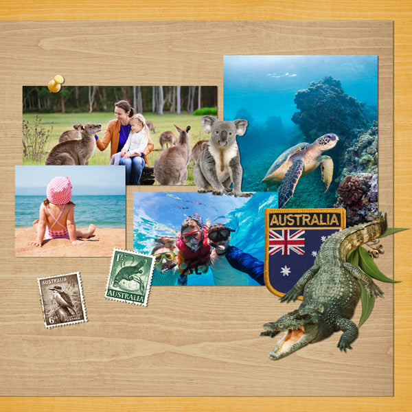 The Australian Adventure Digital Scrapbook Kit is a diverse collection digital art of Australian embellishments, artifacts, and beautiful background papers. If you have been meaning to document your memories from a trip to Australia or are planning a trip there soon, this collection is just what you need!