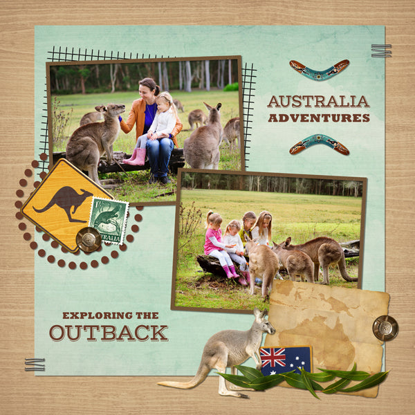 The Australian Adventure Digital Scrapbook Kit is a diverse collection digital art of Australian embellishments, artifacts, and beautiful background papers. If you have been meaning to document your memories from a trip to Australia or are planning a trip there soon, this collection is just what you need!