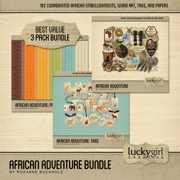 This African Adventure Digital Scrapbook Bundle is a diverse collection of African digital art embellishments, artifacts, and color-customizable .png word art pieces, papers, and tags. If you have been meaning to document your memories from a vacation or mission trip to Africa, or are planning a trip there soon, this collection is just what you need!