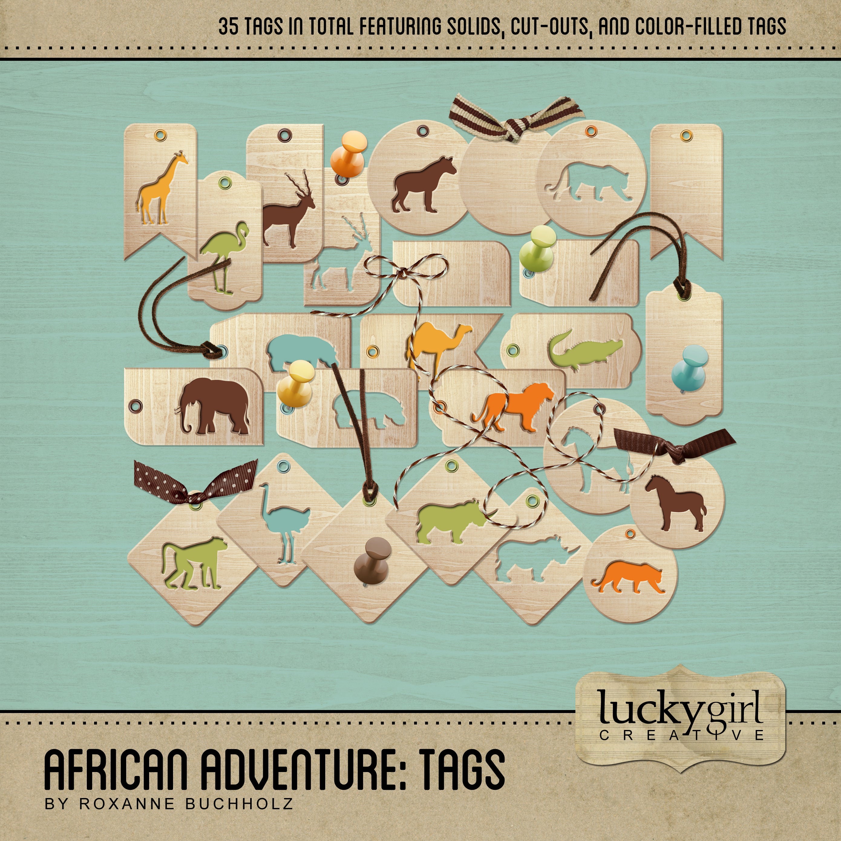 African Adventure Tags Digital Scrapbook Kit features 35 fun African animal inspired digital art tag embellishments plus 15 pieces of adorable ribbon, string, bows, and push pins. This collection has a natural color palette with modern pops of greens, blues, oranges, and yellows. Included are many African animals including giraffe, flamingo, hyena, gazelle, cheetah, lion, camel, hippo, elephant, crocodile, zebra, monkey, ostrich, and rhino.