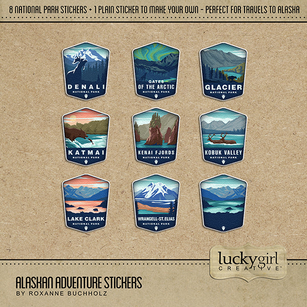 Adventure and explore through Alaska with these beautiful and realistic digital art travel stickers by Lucky Girl Creative featuring Alaska's National Parks.