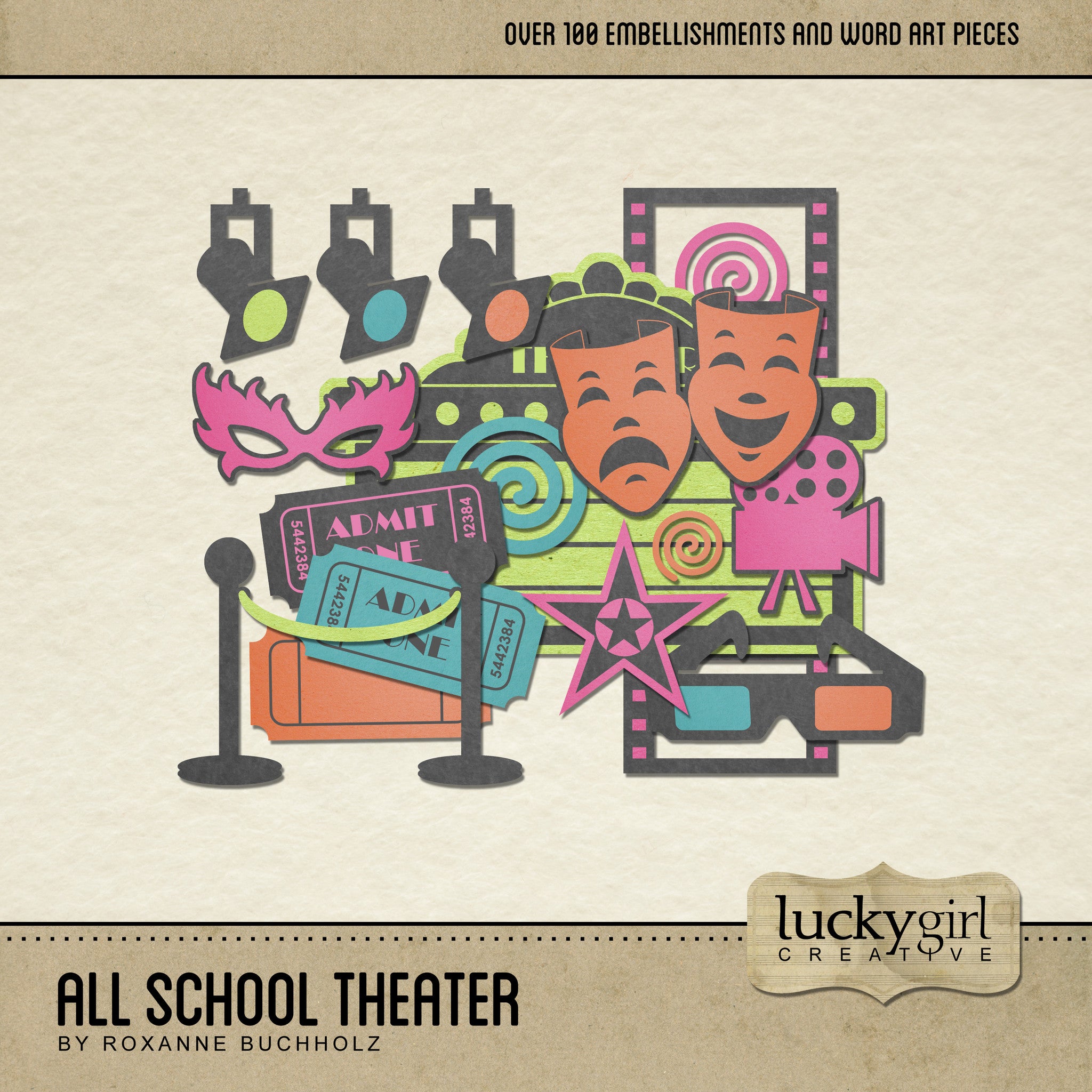 The All School Theater Digital Scrapbook Kit by Lucky Girl Creative is full of school performance digital art embellishments which could be used for school theaters, music programs, and movie nights. This collection features bright, fun embellishments crafted with a silhouetted construction paper look. The All School Theater Digital Scrapbook Kit pairs perfectly with All School Band Digital Scrapbook Kit.