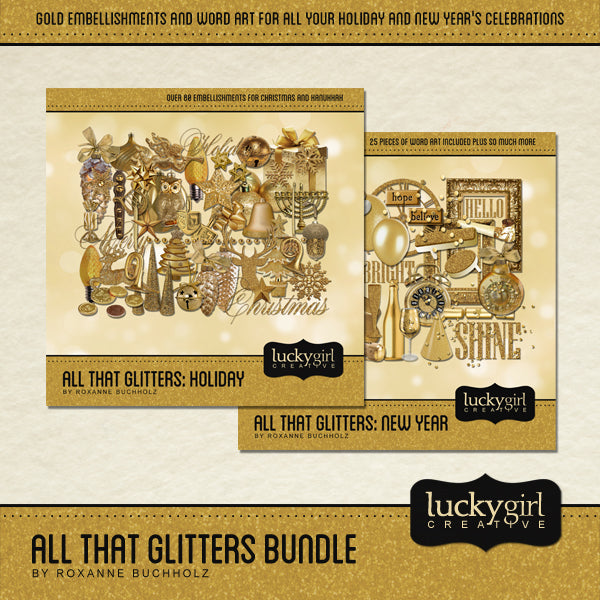 This gold and glitter themed digital scrapbooking bundle, which includes both the All That Glitters Holiday and All That Glitters New Year Digital Scrapbook Kits, is right on trend and perfect for the holiday season, whether for Christmas, Hanukkah, or your New Year's party. This digital art bundle features a photo-realist style that would appeal to anyone and will make the perfect holiday cards and scrapbooking pages.