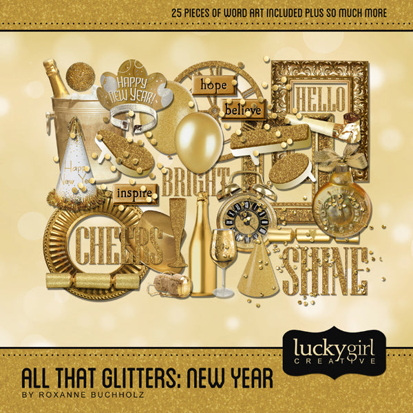 This gold and glitter themed digital scrapbooking collection is right on trend and perfect for the holiday season and especially great for New Year’s Eve parties and celebrations. All That Glitters New Year Digital Scrapbook Kit features a photo-realist style that would appeal to anyone and will make the perfect holiday cards, New Year’s Eve party invitations, and scrapbooking pages.