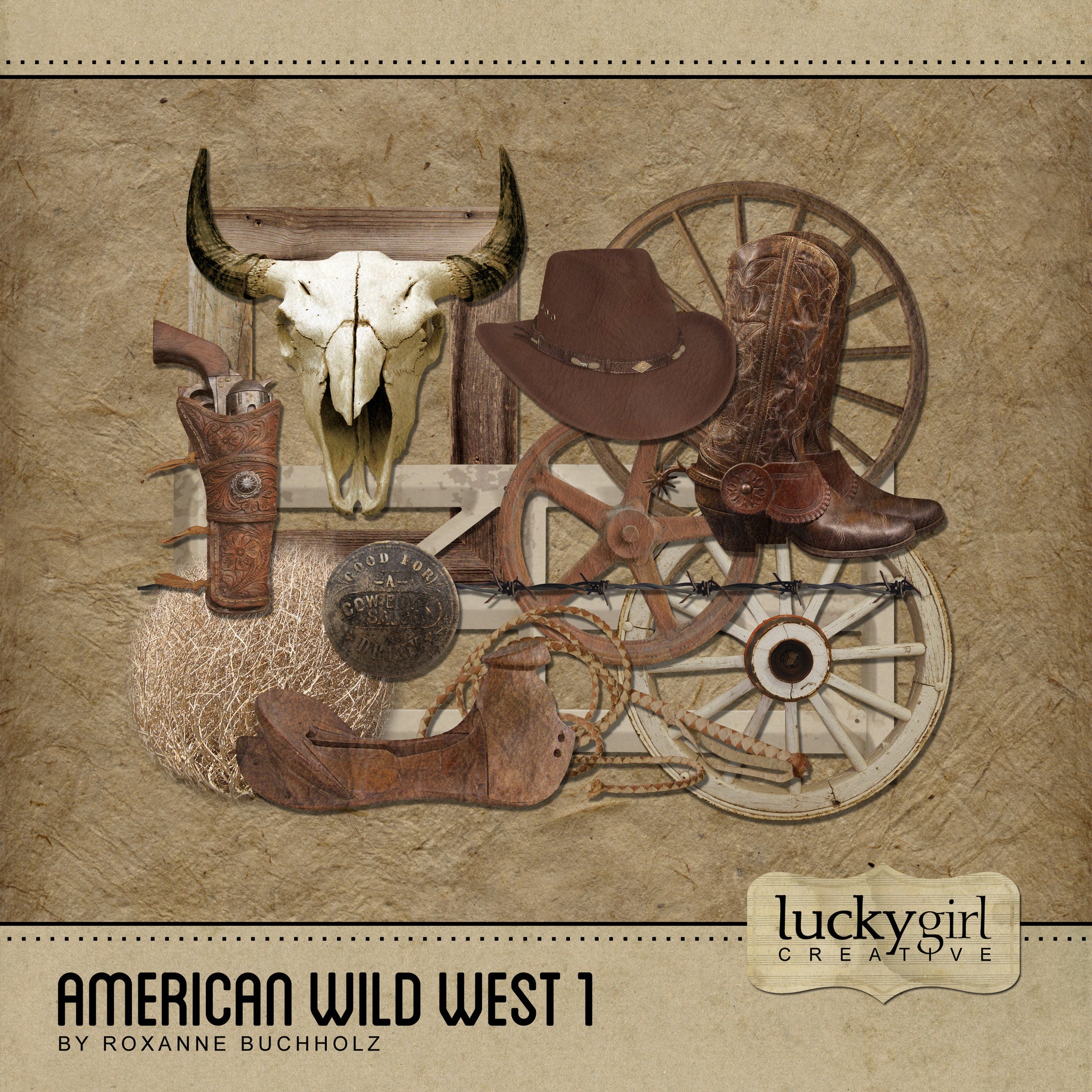 The most popular of all the Lucky Girl Creative digital art collections with its antique Western theme, American Wild West 1 Digital Scrapbook Kit is the perfect collection for rodeo and cowboy pages and projects. The antique color palette features white-washed elements, rustic wood tones, metal pieces and natural leather textures. 