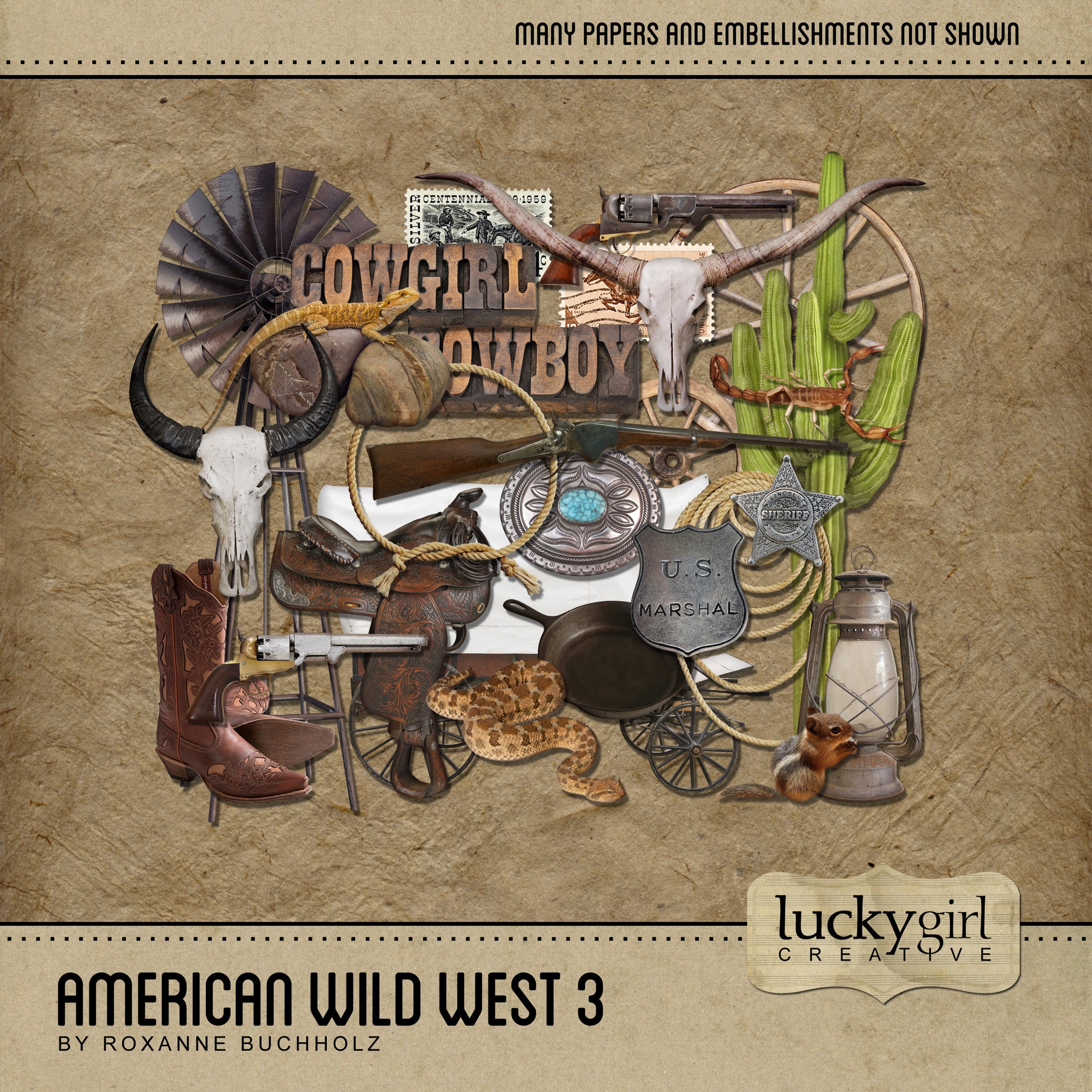 The antique color palette in the American Wild West 3 Digital Scrapbook Kit features western-themed digital art focusing on cowboy life on the prairie. Included are many western elements such as cowboy boots and spurs, sheriff badges, open wagons, covered wagon, ropes and rope frames, lantern, skulls, wagon wheels, belt buckles, cactus, windmill, cast iron skillet, saddle, saddle bag, guns, nails, powder horn, horseshoe, leather cuffs, dinner bell, barbed wire, pony express elements, and postage stamps.