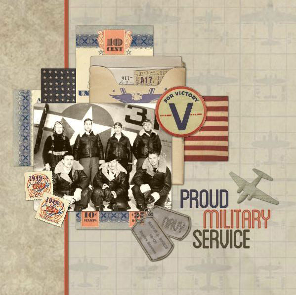 Vintage Americana 1 Digital Scrapbook Kit is the perfect digital art collection for patriotic holidays and life stories from the World War II era. Full of ration books, military medals, buttons and modern Americana word art. Take a peek and see what a rich contribution it could make to your own family’s story and genealogy research. 