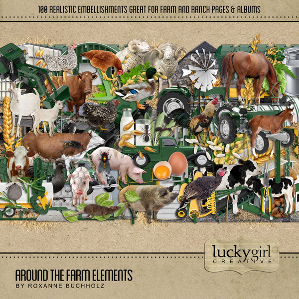 The Around the Farm Elements Kit by Lucky Girl Creative explores life around the farm, barn, fields and garden. With modern agriculture machinery and tractor equipment, barnyard animals, and other realistic farm and ranch elements, this collection will showcase your farm photos in authentic style. Also great for documenting farm field trip visits, 4H projects, or state and county fairs.