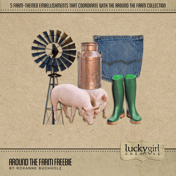 The free Around the Farm Freebie kit coordinates with he larger Around the Farm collection. The digital art series explores life around the farm, barn, fields and garden.