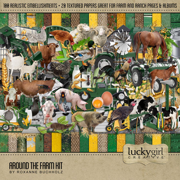 With modern agriculture machinery and tractor equipment, barnyard animals, and other realistic farm and ranch elements, this Around the Farm Digital Scrapbooking Kit by Lucky Girl Creative will showcase your farm photos in authentic style. Also great for documenting farm field trip visits, 4H projects, or state and county fairs.
