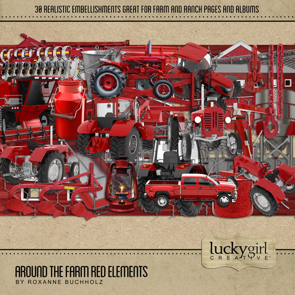 The Around the Farm Red Digital Scrapbook Kit by Lucky Girl Creative explores life around the farm in a stunning shade of tractor and barn red.  Elements include a barn, metal building, chain, hook, chicken wire, fence, gate, grainery, lantern, machinery lift, milk bucket, milk jug, cooking pot, tractor, farm equipment, farm machinery, trailer, and pickup truck.