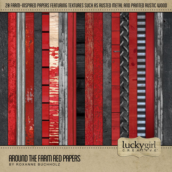 The Around the Farm Red Digital Scrapbook Kit by Lucky Girl Creative explores life around the farm in a stunning shade of tractor and barn red.