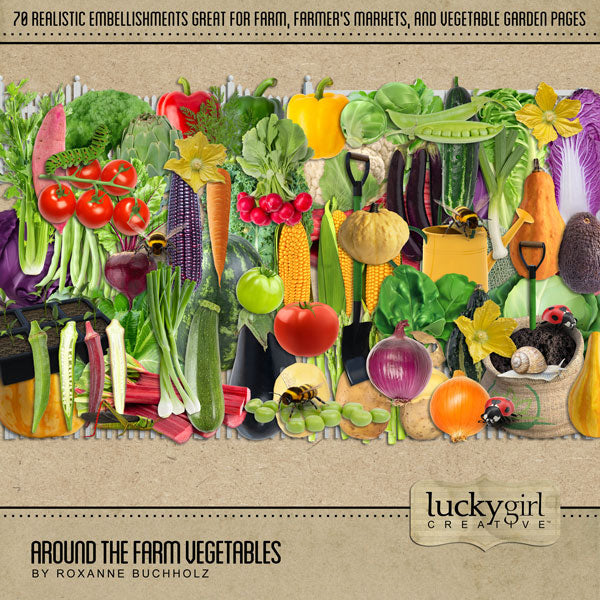 The Around the Farm Vegetables by Lucky Girl Creative explores life around the farm, barn, in the fields and garden. Digital art elements include garden gate, fences, grasshopper, snail, bee, bumblebee, honey bee, caterpillar, ladybug, sprouts, compost bag, shovel, watering can, artichoke, asparagus, beet, bell pepper, broccoli, Brussel sprouts, cabbage, carrot, cauliflower, celery, corn, cucumber, eggplant, green beans, green onion, kale, leek, lettuce, okra, onion, peas, potato, radish, rhubarb, and more!