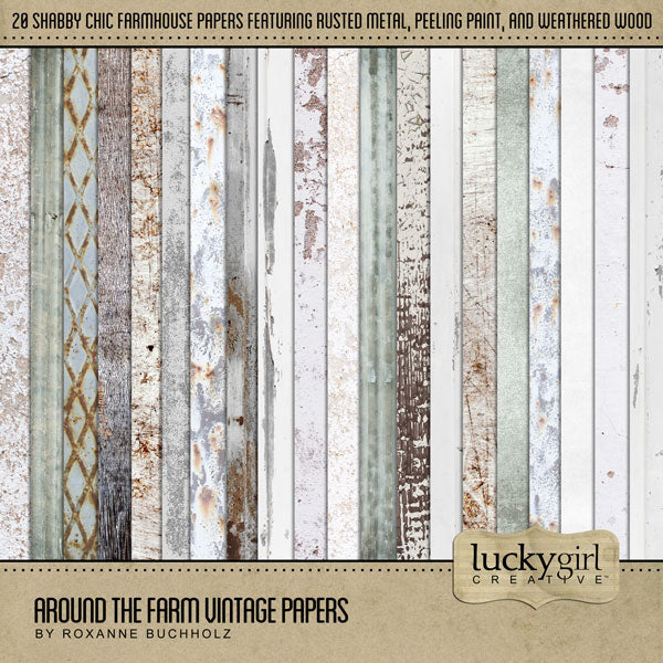 The Around the Farm Vintage Papers Digital Scrapbook Kit by Lucky Girl Creative explores life around the farm, barn, fields and garden. Digital paper textures include shabby chic colors with wood, metal, and paint and rust grunge.