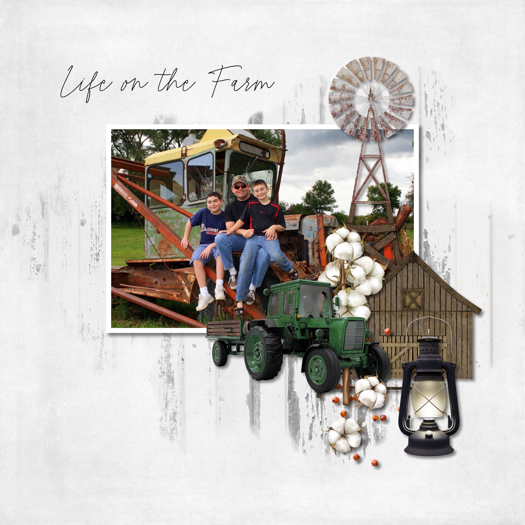 The Around the Farm Vintage Elements Digital Scrapbook Kit by Lucky Girl Creative explores life around the farm, barn, fields and garden.   Digital art elements include an arched hangar, Quonset hut, barbed wire, burlap sack, boiler tub, cotton, farm equipment, tractor, ember carrier, store receipt, farmhouse table, mason jar, grain, wheat, mallet, hammer, jar, honey, jam, jelly, vintage label, and more!