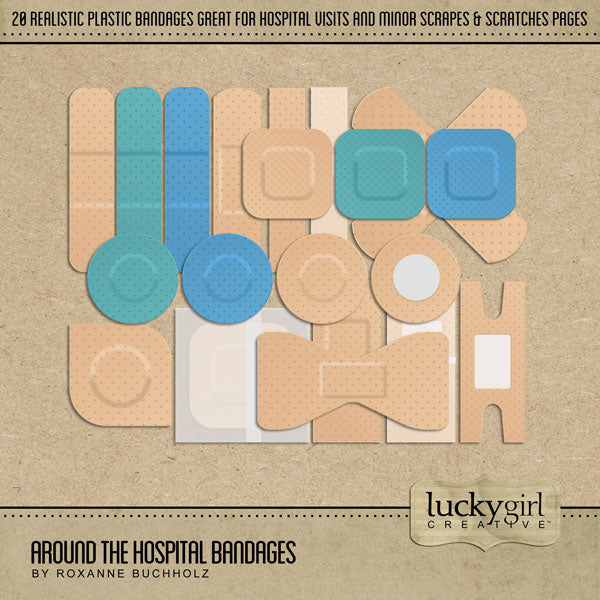 Explore healthcare life around the hospital, emergency room, and doctor’s office with the Around the Hospital Bandages digital art kit by Lucky Girl Creative which helps heal and protect minor scrapes and scratches that you want to document in your medical albums and pages.
