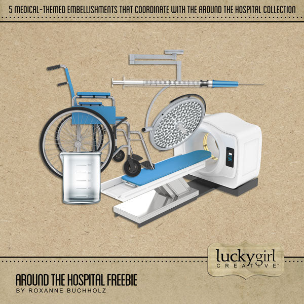 The free Around the Hospital Freebie by Lucky Girl Creative coordinates with the larger Around the Hospital collection. The digital art series explores healthcare life around the hospital, emergency room, and doctor’s office. With modern medical equipment, laboratory supplies, pharmacy prescription medications, caregiver tools and scrubs, band-aids, signage, and other healthcare elements, this collection will showcase your medical photos in an authentic style.