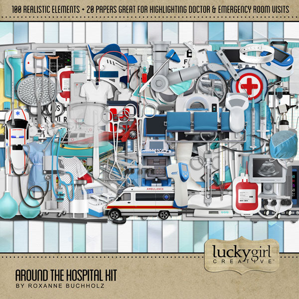 The Around the Hospital Digital Scrapbook Kit by Lucky Girl Creative explores healthcare life around the hospital, emergency room, and doctor’s office and offers both paper and embellishments.  Elements include ambulance, asthma inhaler, security badge, hospital bed, OB/GYN exam bed, blood bag, insulin reader, neck brace, cafeteria tray, cast, changing screen, cotton swab, crane lift, rehabilitation, eye test, fluids, transfusion, heart monitor, helicopter, helicopter landing pad, and more.