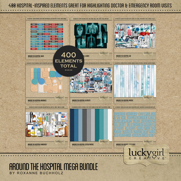 The Around the Hospital Digital Scrapbook Mega Bundle by Lucky Girl Creative explores healthcare life around the hospital, emergency room, and doctor’s office and offers both paper and embellishments.  Elements include ambulance, asthma inhaler, security badge, hospital bed, OB/GYN exam bed, blood bag, insulin reader, neck brace, cafeteria tray, cast, changing screen, cotton swab, crane lift, rehabilitation, eye test, fluids, transfusion, heart monitor, helicopter, helicopter landing pad, and more.