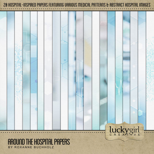 The Around the Hospital Digital Scrapbook Papers by Lucky Girl Creative explores healthcare life around the hospital, emergency room, and doctor’s office. The digital paper selections offer a mix of soft, stylized hospital scenes and technical medical patterns.