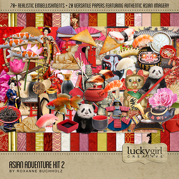 Adventure and explore Japan and China with this beautiful and realistic Asian travel digital art kit by Lucky Girl Creative filled with authentic embellishments and papers from Asia.