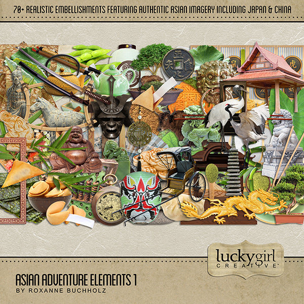 Adventure and explore Japan and China with this beautiful and realistic Asian travel digital art kit by Lucky Girl Creative filled with authentic embellishments and papers from Asia.