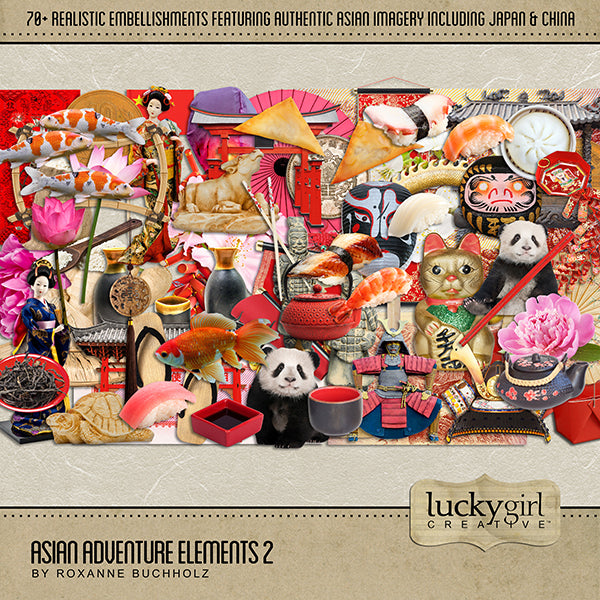 Adventure and explore Japan and China with this beautiful and realistic Asian travel digital art kit by Lucky Girl Creative filled with authentic embellishments and papers from Asia.