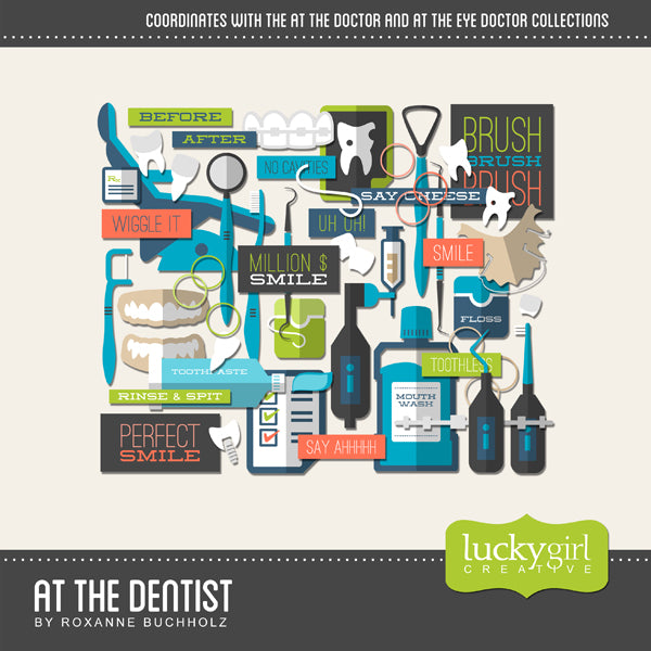 This fun and playful At the Dentist Digital Scrapbook Kit is perfect for modern and fresh dental elements to be used with your personal digital scrapbooking projects. The At the Dentist Digital Scrapbook Kit pairs perfectly with my At the Eye Doctor Digital Scrapbook Kit and At the Doctor Digital Scrapbook Kit which feature all the medical necessities you’ll ever need for creating the perfect scrapbook page.