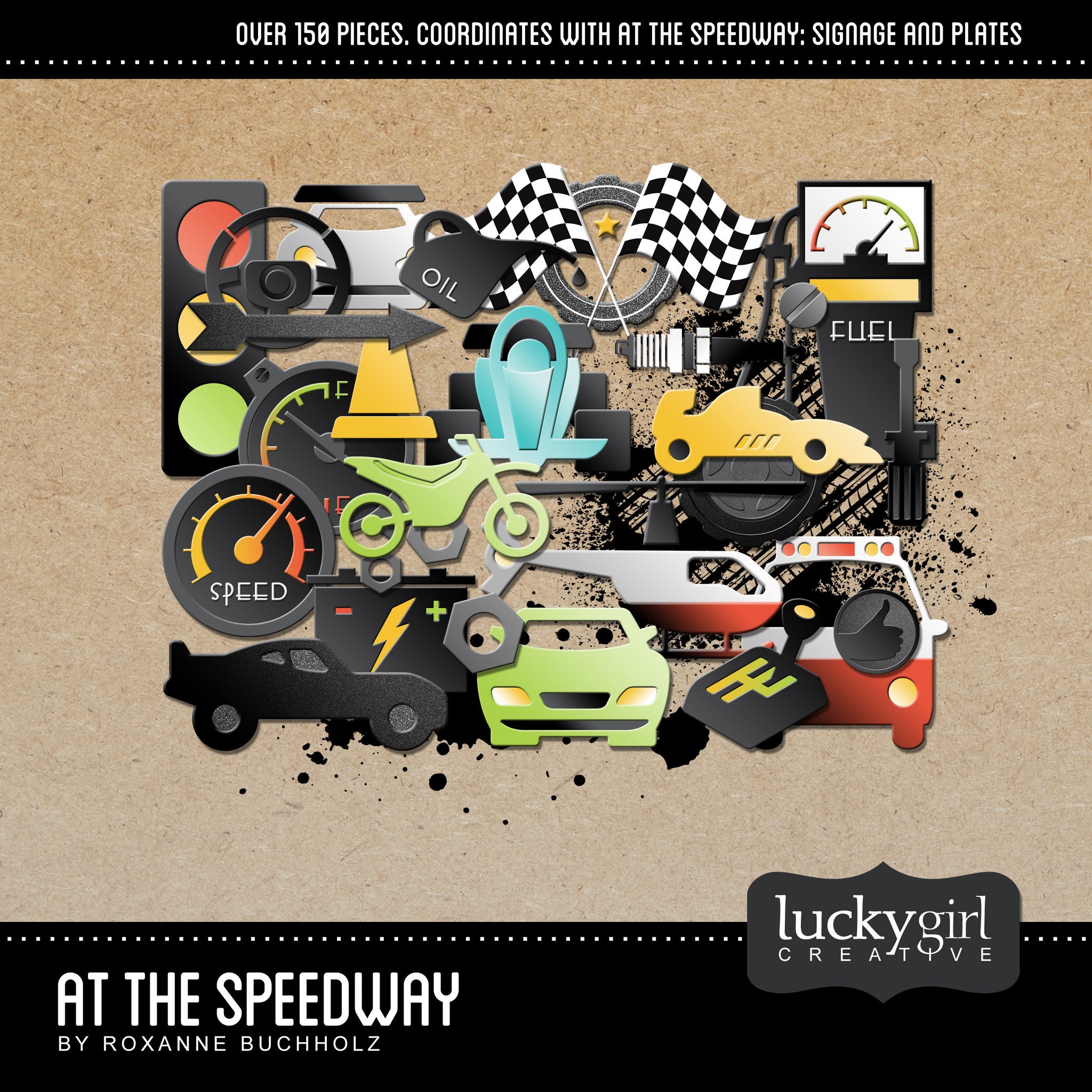 An expansive collection, the At the Speedway Digital Scrapbook Kit by Lucky Girl Creative is a fun and contemporary set of raceway and vehicle themed digital art pieces. With over 300 embellishments and word art pieces between the three coordinating At the Speedway Digital Scrapbook Kits, this collection is sure to have something for everyone! At the Speedway Digital Scrapbook Kit, the main collection, contains all of the motorcycles, automobiles, and helicopters you could ever desire!