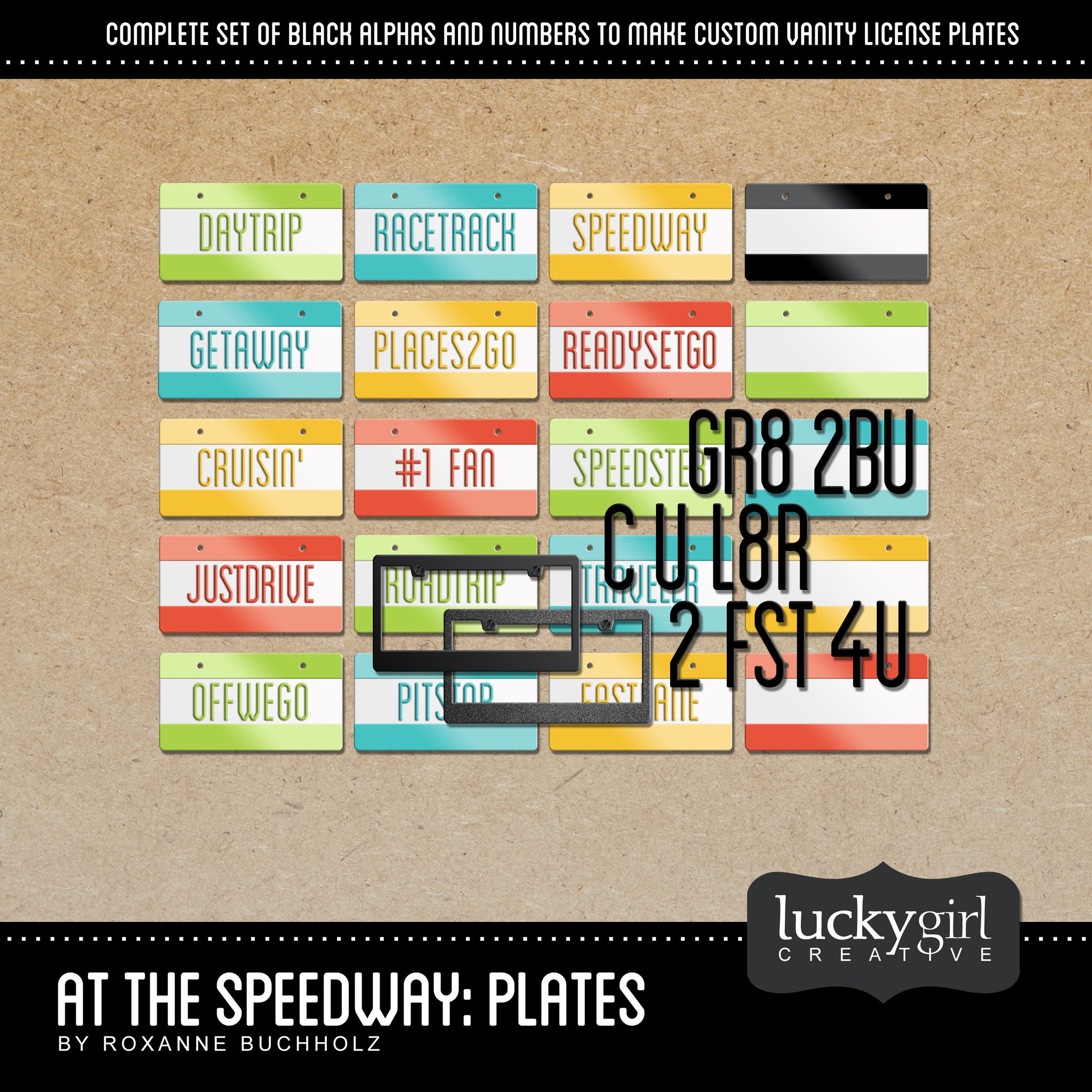 At the Speedway Plates Digital Scrapbook Kit by Lucky Girl Creative is full of pre-designed and plain digital art license plate pieces, along with a full alphanumeric set that would allow you to create your own custom vanity plates or to use them for countless other projects. Your imagination is the limit!