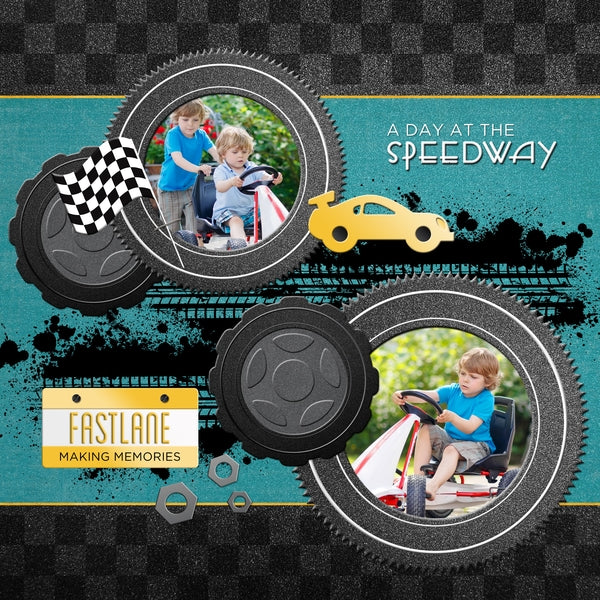 An expansive collection, the At the Speedway Digital Scrapbook Bundle by Lucky Girl Creative is a fun and contemporary set of raceway and vehicle themed digital art pieces. With over 300 embellishments and word art pieces between the three coordinating At the Speedway Digital Scrapbook Kits, this collection is sure to have something for everyone! At the Speedway Digital Scrapbook Kit, the main collection, contains all of the motorcycles, automobiles, and helicopters you could ever desire.