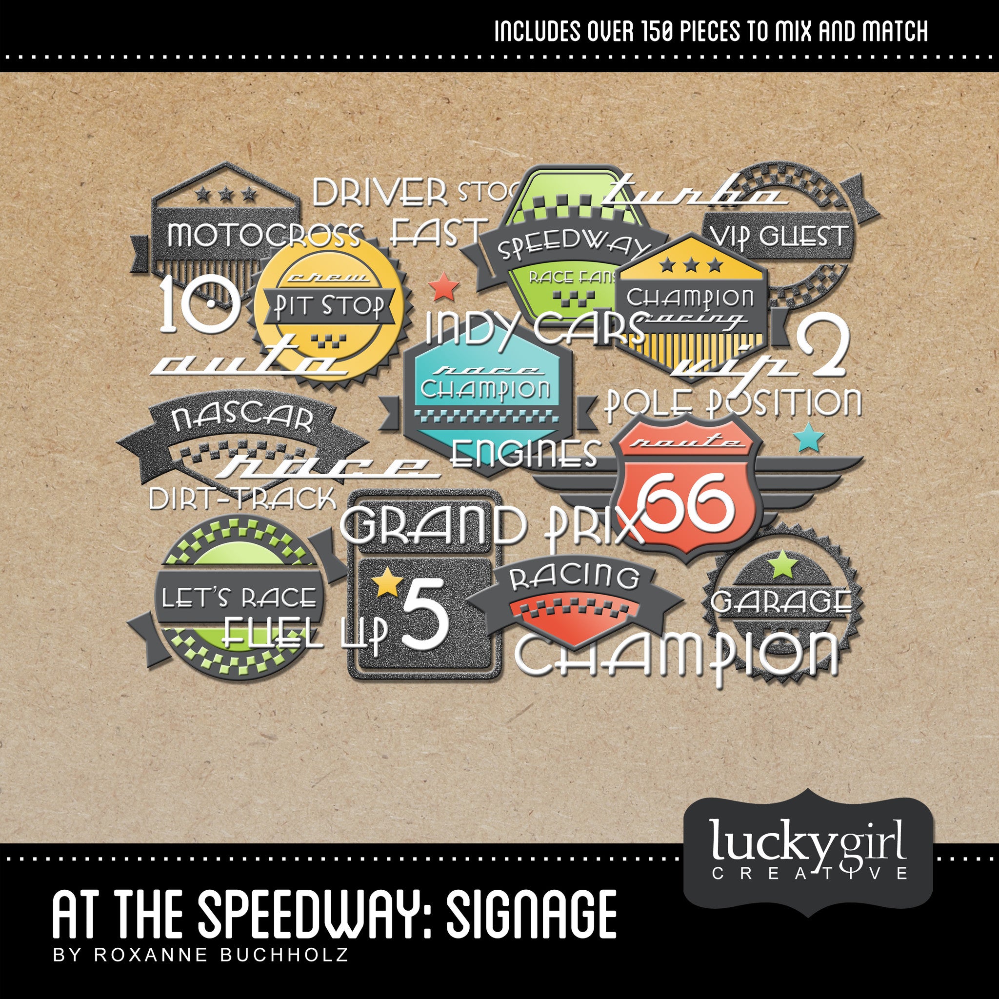 At the Speedway Signage Digital Scrapbook Kit contains digital art labels, stamps, word art, and everything you could want to create your own custom word art and titles. The style and colors coordinate perfectly with the rest of the At the Speedway Digital Scrapbook Kit collections.