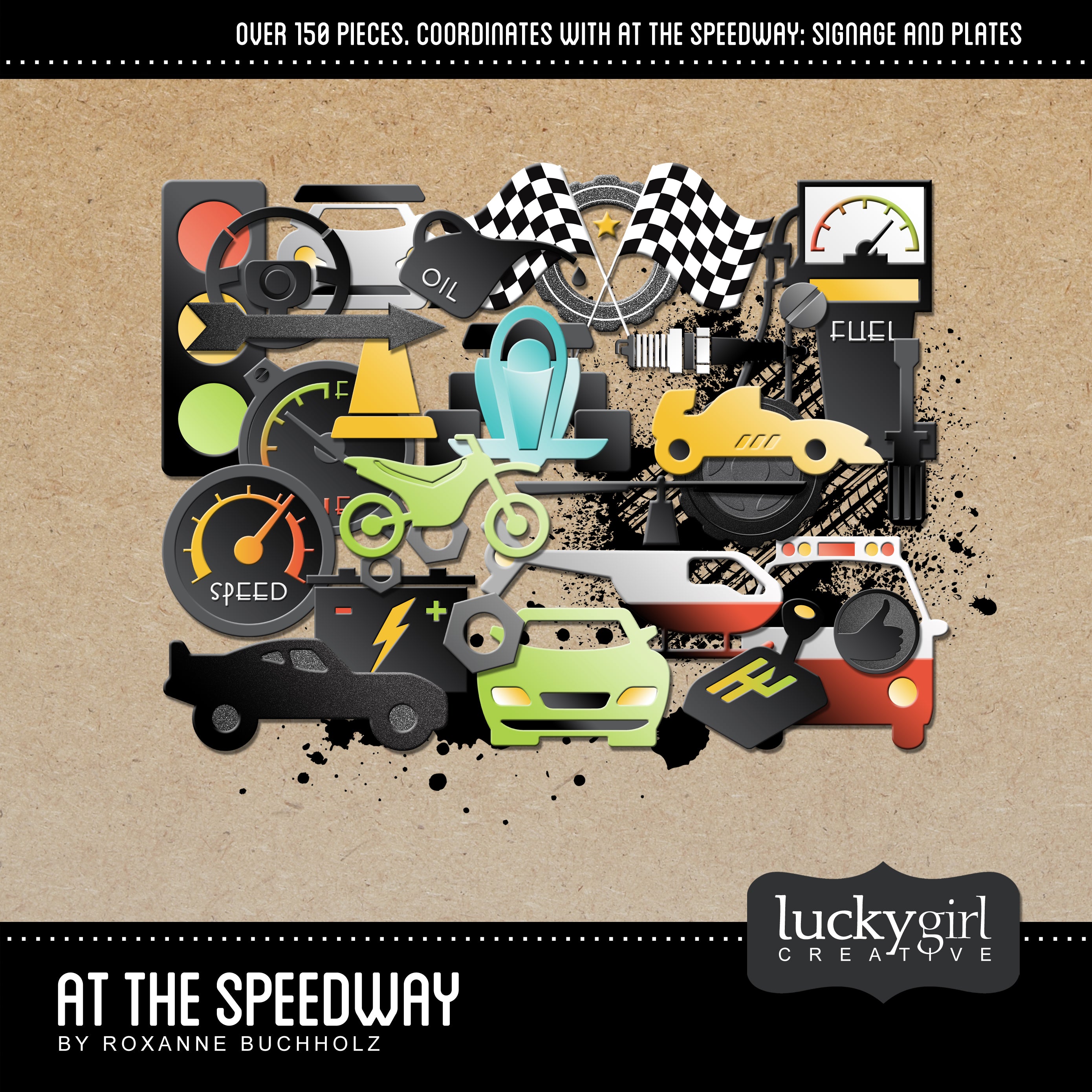 An expansive collection, the At the Speedway Digital Scrapbook Bundle by Lucky Girl Creative is a fun and contemporary set of raceway and vehicle themed digital art pieces. With over 300 embellishments and word art pieces between the three coordinating At the Speedway Digital Scrapbook Kits, this collection is sure to have something for everyone! At the Speedway Digital Scrapbook Kit, the main collection, contains all of the motorcycles, automobiles, and helicopters you could ever desire.