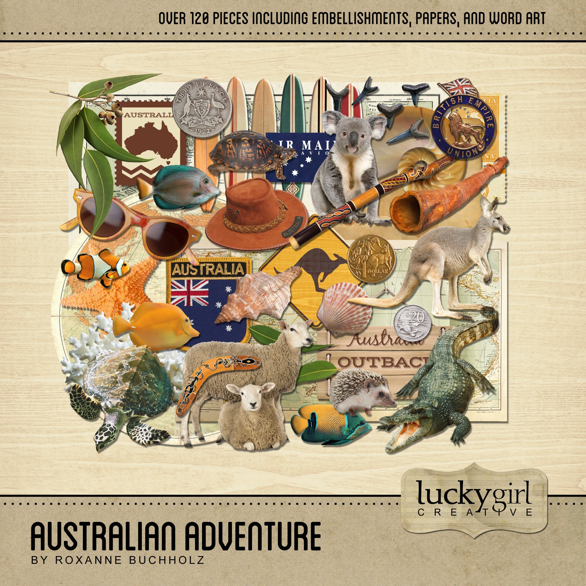 The Australian Adventure Digital Scrapbook Kit is a diverse collection digital art of Australian embellishments, artifacts, and beautiful background papers. If you have been meaning to document your memories from a trip to Australia or are planning a trip there soon, this collection is just what you need!