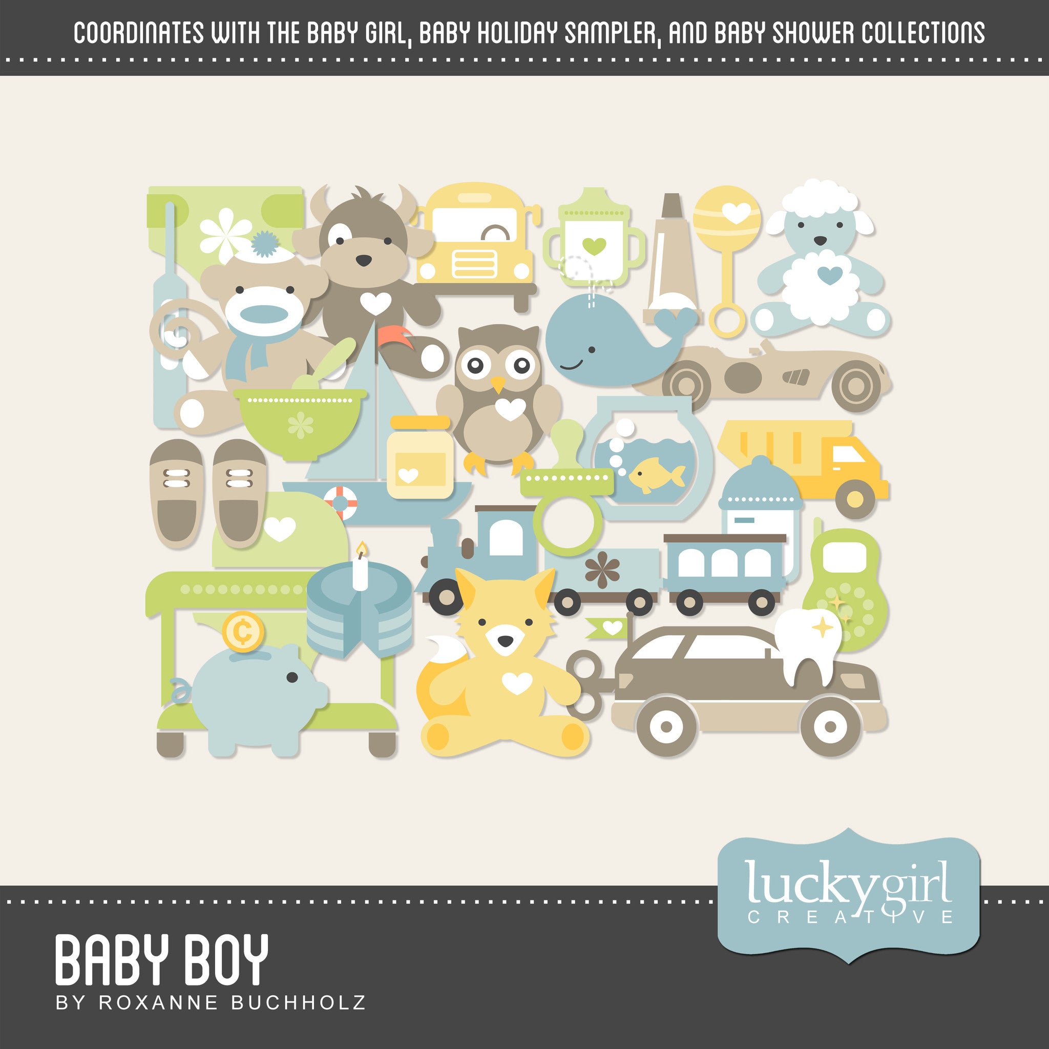 In an identical, modern flat icon style that coordinates well with the other Baby collections, the Baby Boy Digital Scrapbook Kit has 100+ digital art embellishments that will suit every need for the little boys and sons in your life.