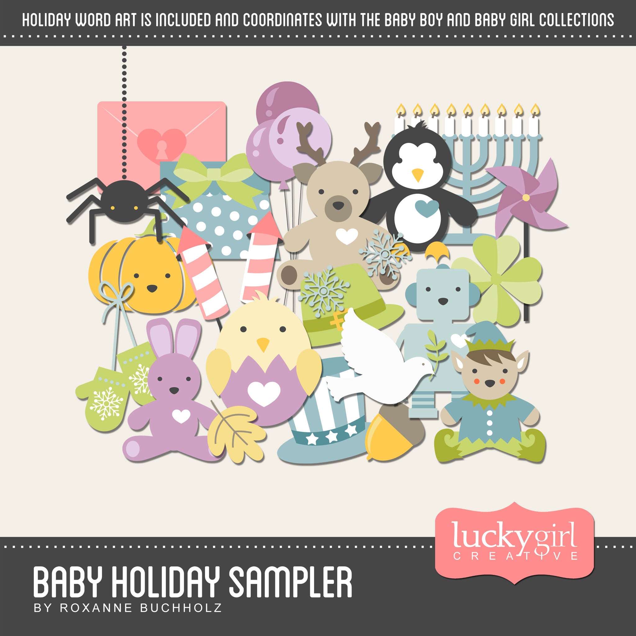 Looking for art for a baby book or baby’s first year calendar? Look no further than the Baby Holiday Sampler Digital Scrapbook Kit. Full of bold, contemporary, toddler-style holiday icons, this digital art collection is perfect for baby or pre-school projects that span the seasons.