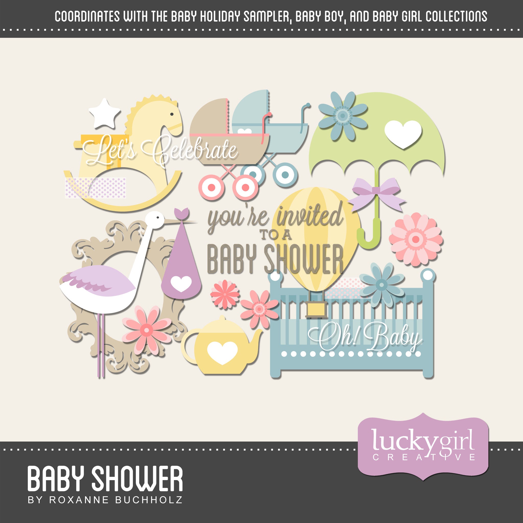 Baby Shower Digital Scrapbook Kit is a fresh and modern set of baby themed digital art elements and word art that would make the perfect addition to any baby scrapbook, baby shower invitations, or baby announcements.