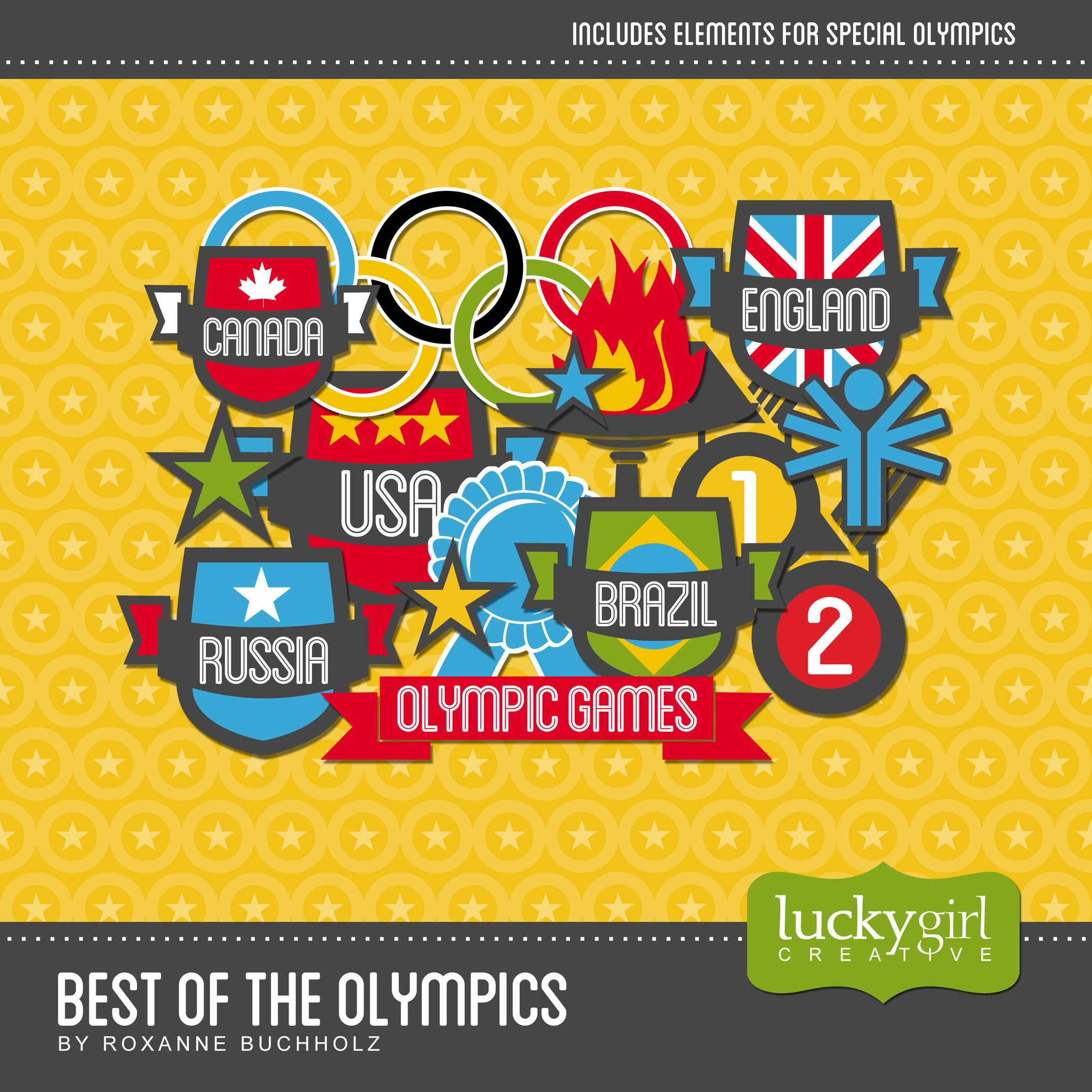 The Best of the Olympics Digital Scrapbook Kit contains sports and travel related digital art, including insignia for several countries. This collection features bright, fun embellishments crafted with a bold graphic look and extends its theme and palette to the Russia Digital Scrapbook Kit which focuses on the overall Russian experience. As a bonus, included in the kit, are several Special Olympics embellishments as well.