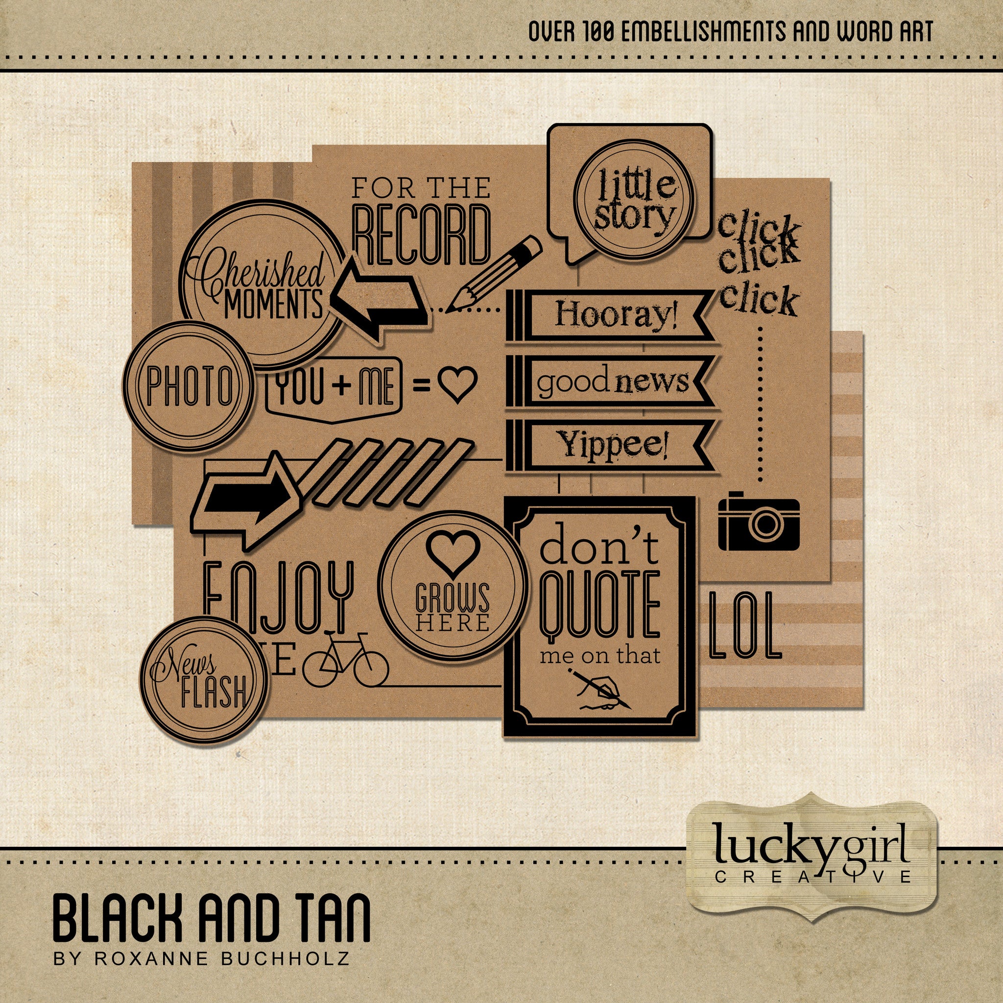 The Black and Tan Digital Scrapbook Kit is a “Project Life” styled digital art collection to help you document all of your stories in a neutral, but hip and trendy fashion. Full of chevrons, arrows, and word art, it’s a contemporary collection you’ll turn to again and again for all of your day-to-day memory preservation. The color palette is completely black and tan with a chipboard paper which makes it extremely versatile.